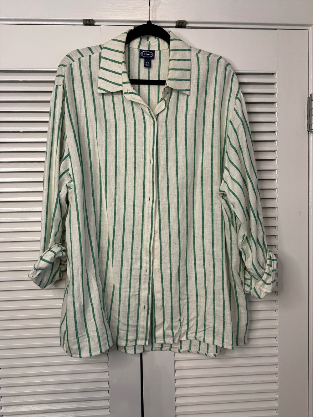 Charter Club Green Stripe Button-Front Linen Blend Blouse
